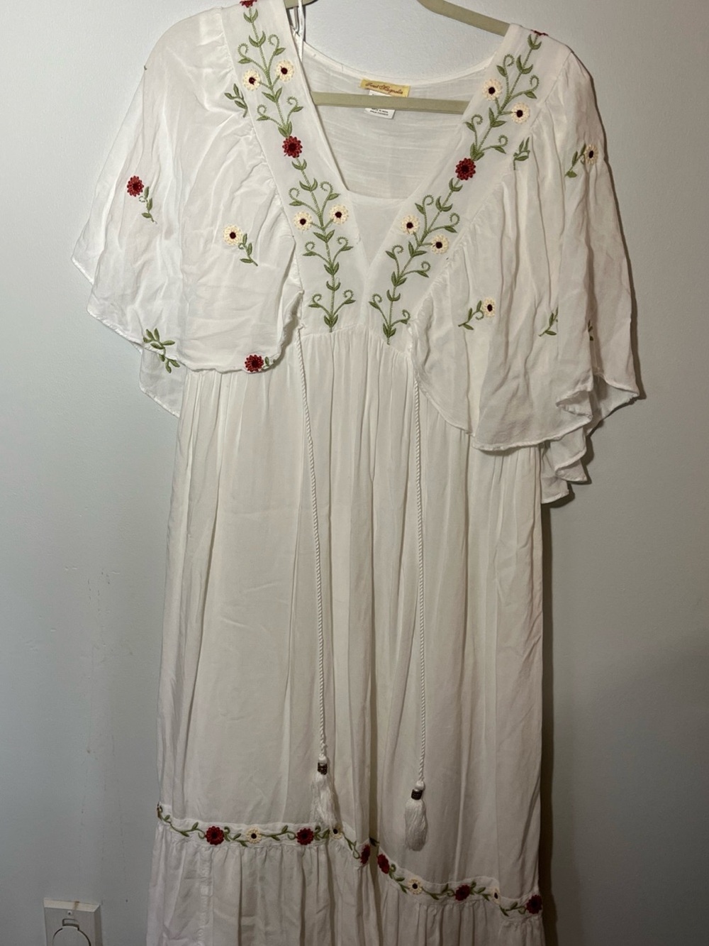 Boho White Maxi Dress with Red & Yellow Floral Embroidery